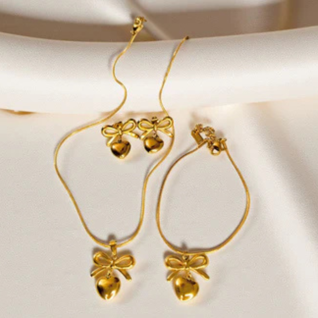 HEART BOW NECKLACE EARRINGS BRACELET SET