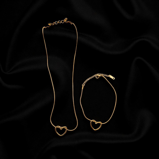 HOLLOW HEART NECKLACE & BRACELET SET