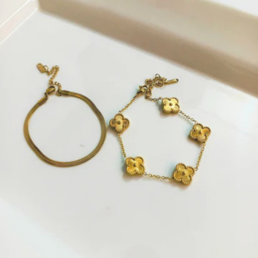 SNAKE CHAIN & GOLDEN CLOVER BRACELET SET