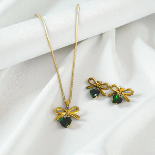 BOW HEART EMERALD GREEN NECKLACE & EARRINGS SET