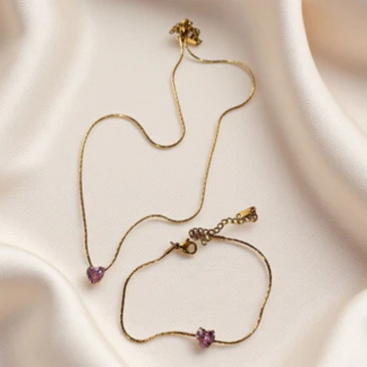 PINK HEART DIAMOND NECKLACE & BRACELET SET