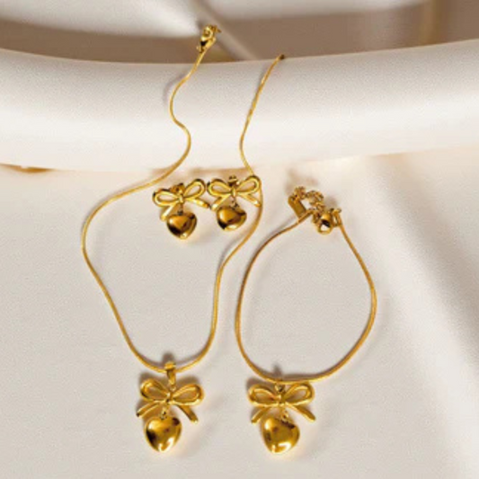 HEART BOW NECKLACE EARRINGS BRACELET SET