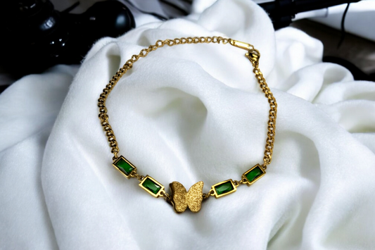 Golden Butterfly Beaded Bracelet - Green - Stainless Steel