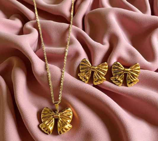 Bowknot Necklace and Earrings Set - Tarnish Free - Water Resistant
