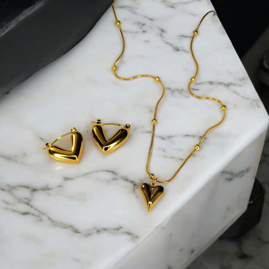 Heart Necklace & Earrings Set - Stainless Steel - Anti Tarnishing
