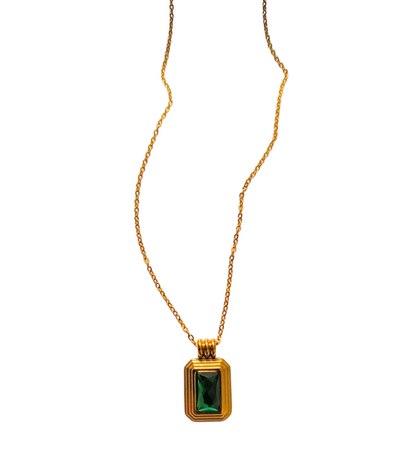 Green Stone Necklace - 18k Gold Plated - Stainless Steel