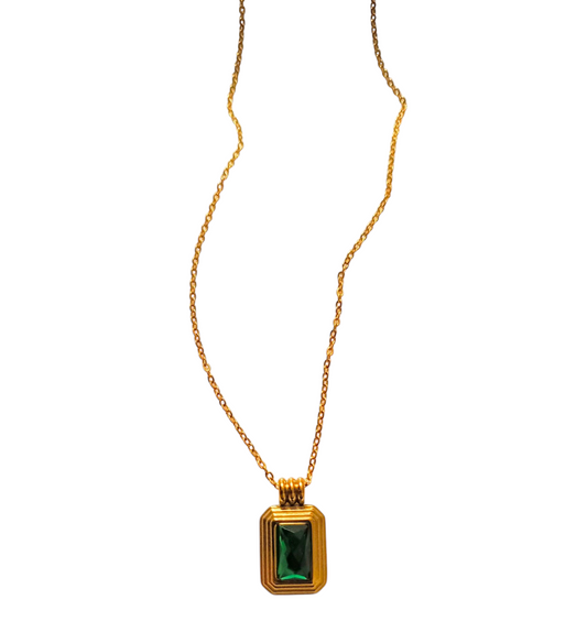 Green Stone Necklace - 18k Gold Plated - Stainless Steel