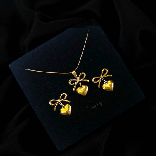 Bow Heart Necklace & Earrings Set - Stainless Steel - Tarnish Free