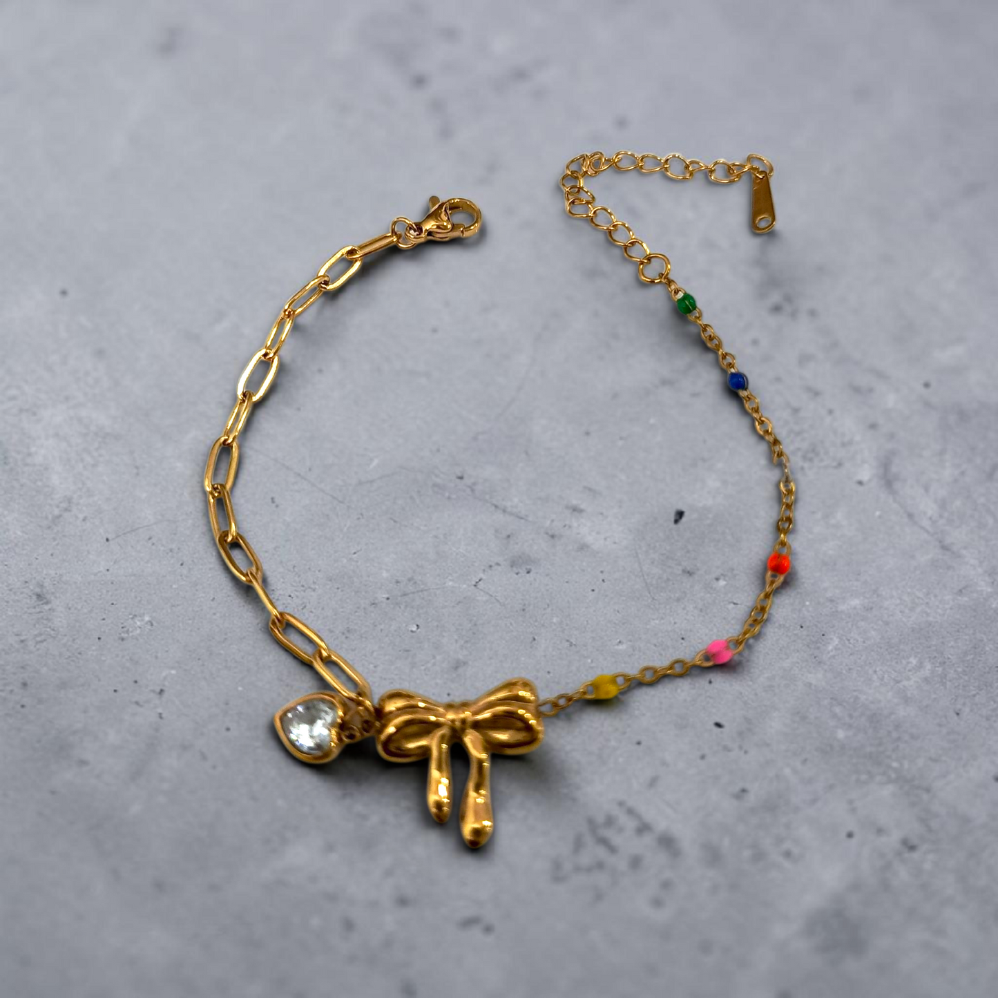 Bow Charm Bracelet 18 k gold plated hypoallergenic water resistant tarnish free stainless steel 