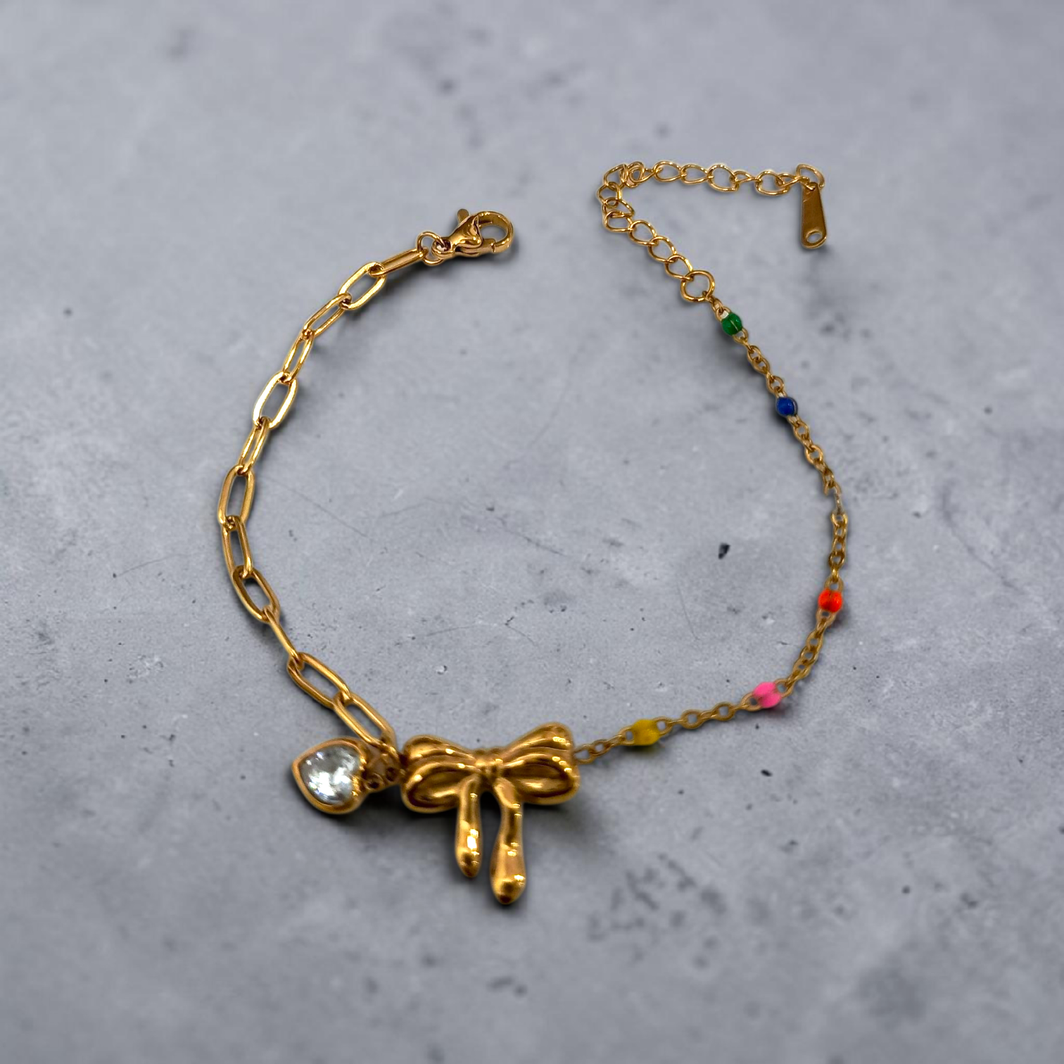 Bow Charm Bracelet 18 k gold plated hypoallergenic water resistant tarnish free stainless steel 