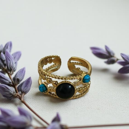 BLACK & BLUE STONE RING ADJUSTABLE